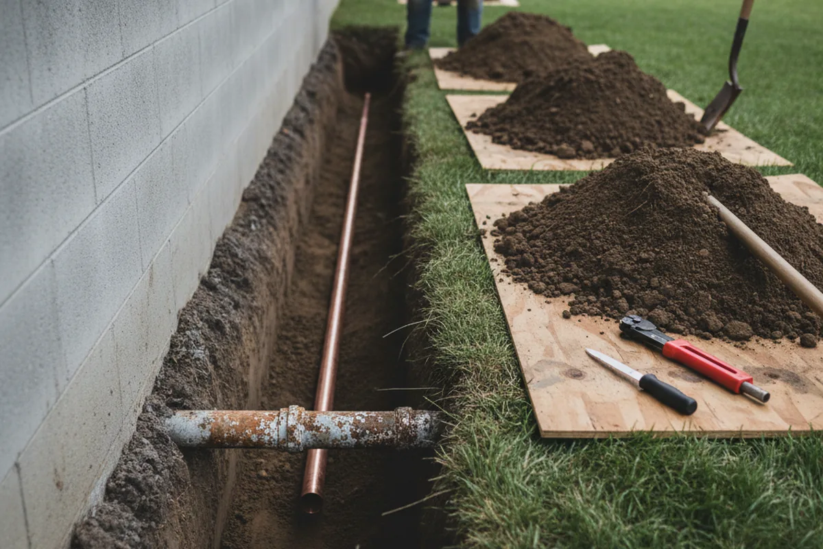 Excavated water line trench during Water Softener Installation in Myra